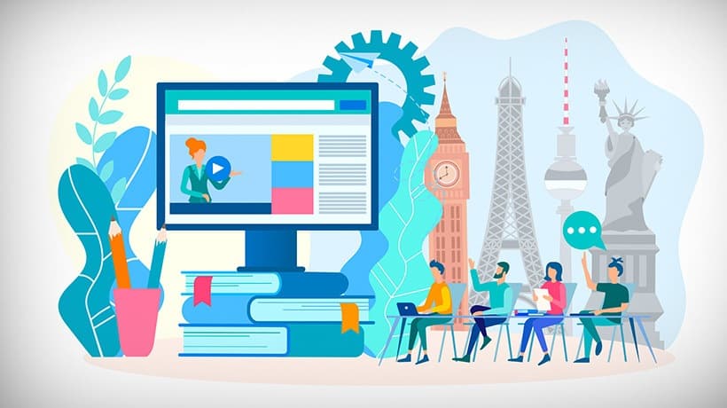 Online language learning platform on a laptop screen