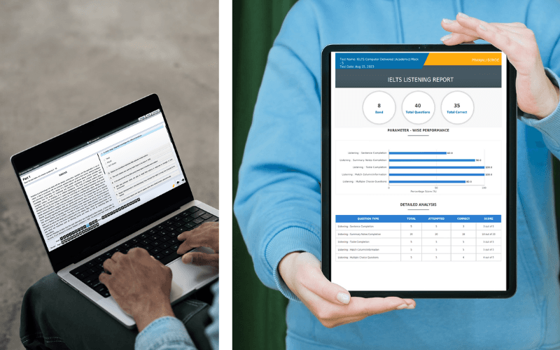The NIL computer-delivered mock test portal on a laptop and a tablet